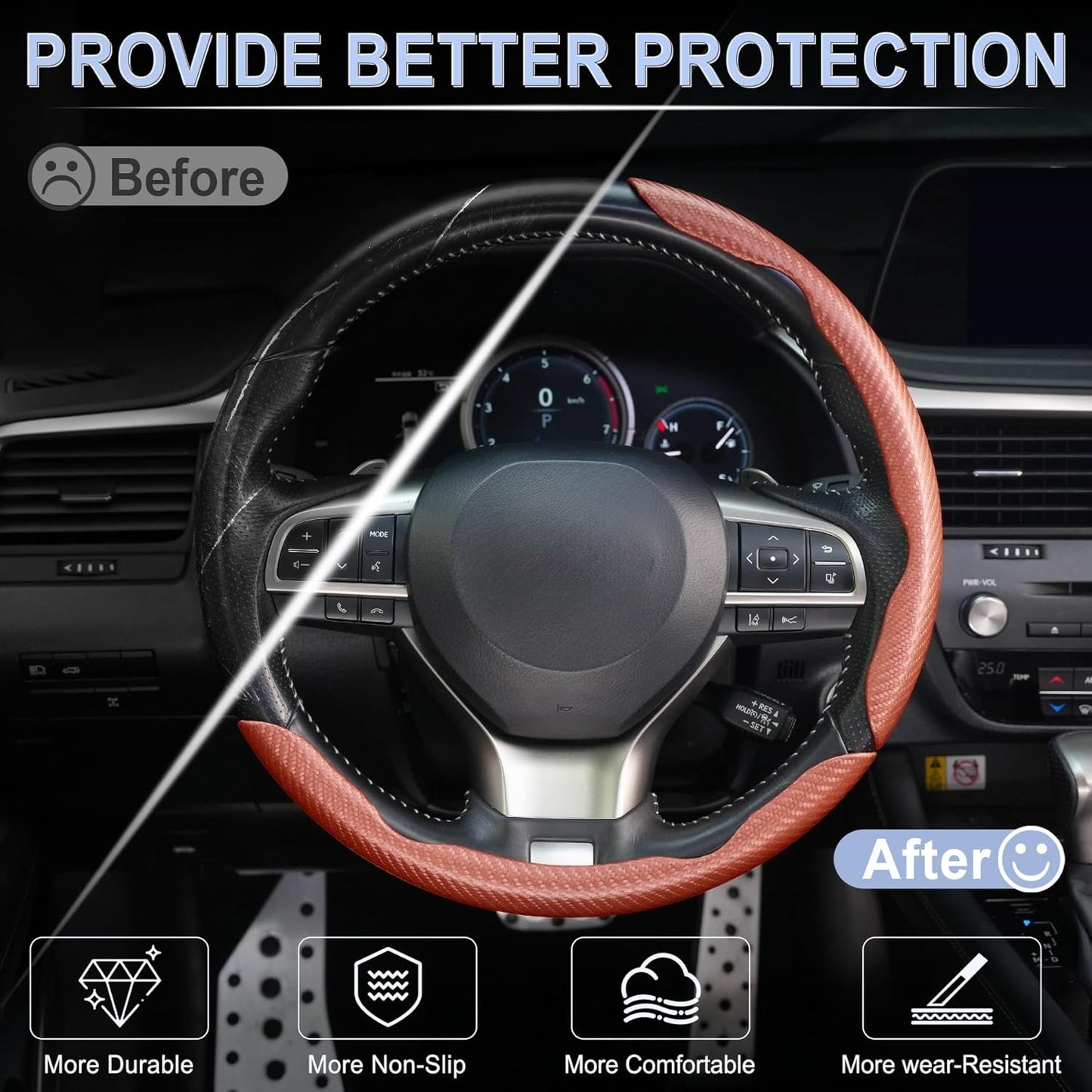 Amiss Carbon Fiber Steering Wheel Cover - 3pc Butterfly Segmented Protection, Champagne