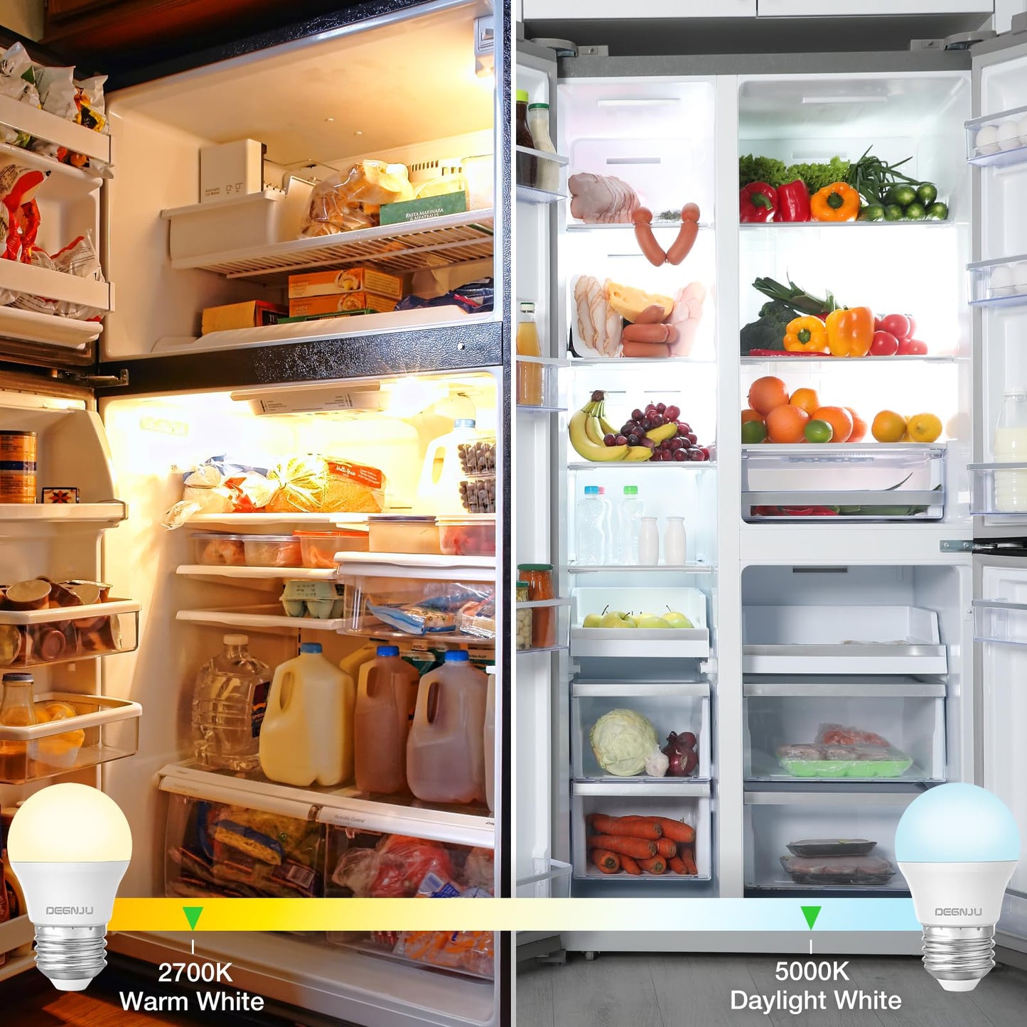 DEGNJU LED Refrigerator Light Bulb, 40 Watt Equivalent, 120V, Fridge Light Bulb 5000K Daylight White, A15 Appliance Bulb 5.5W for Freezer, 650LM, E26 Standard Base, 120V, Non-Dimmable, 2 Pack