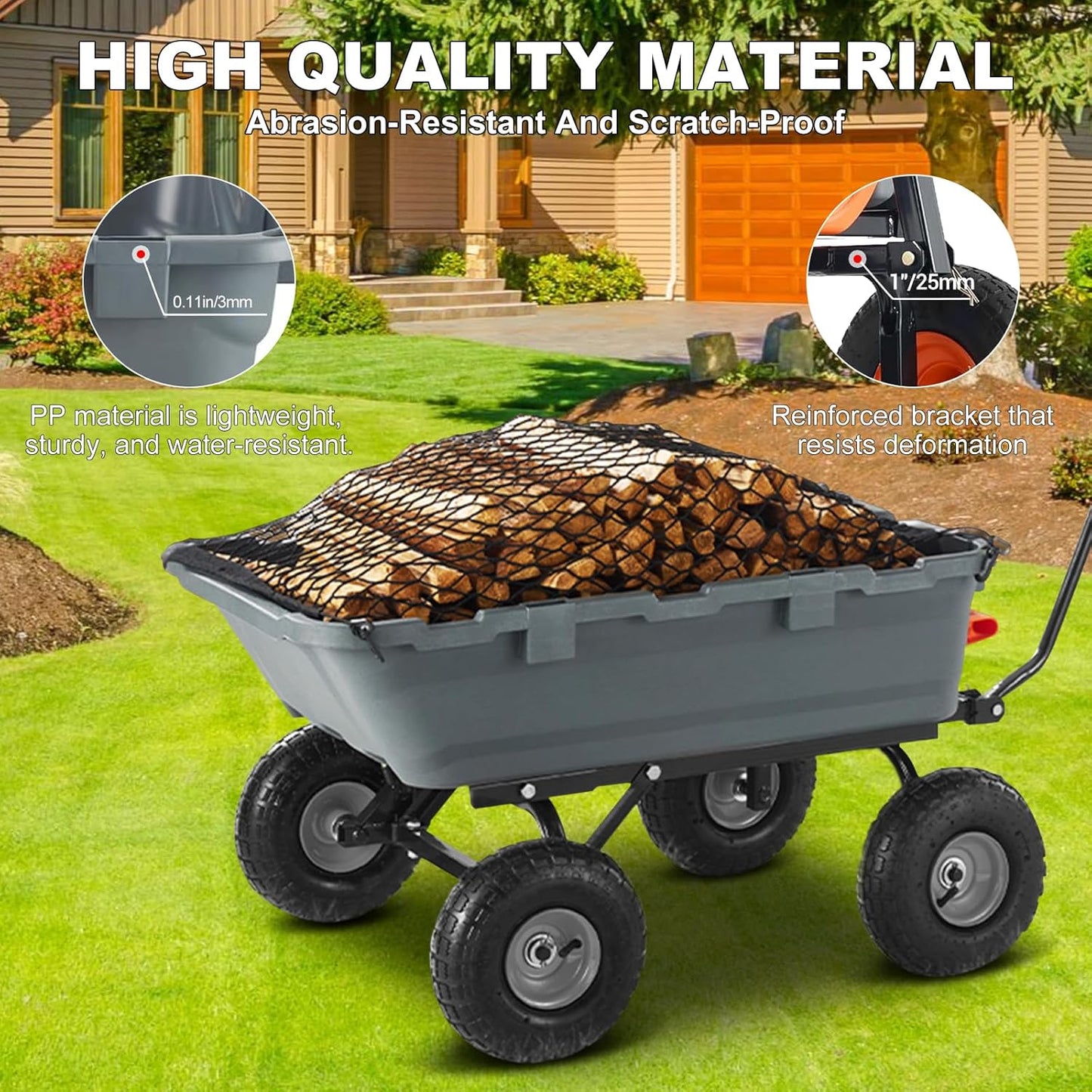 Garden Dump Cart, Poly Yard Dump Cart Wagon with 10-Inch Tires, 180° Rotating Handle, Heavy Duty Garden Carts and Wagons Heavy Duty