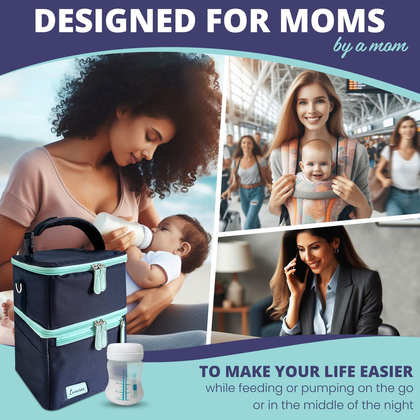 LUXUROO Cool Insulated Breast Milk Cooler Bag with Dual Sections, Non-Toxic, for Day Care Bottles and Pumping Working Traveling Moms to Keep Breast Milk Cold and Fresh On The Go (Navy/Light Blue)