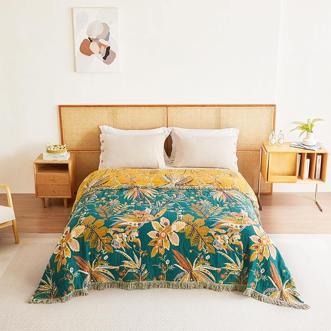 MSGKV Boho Throw Blanket for Bed Twin Size 100% Cotton Floral Blanket 60"x80" Couch Blankets Muslin Breathable All Seasons Lightweight Farmhouse Blankets Home Decor