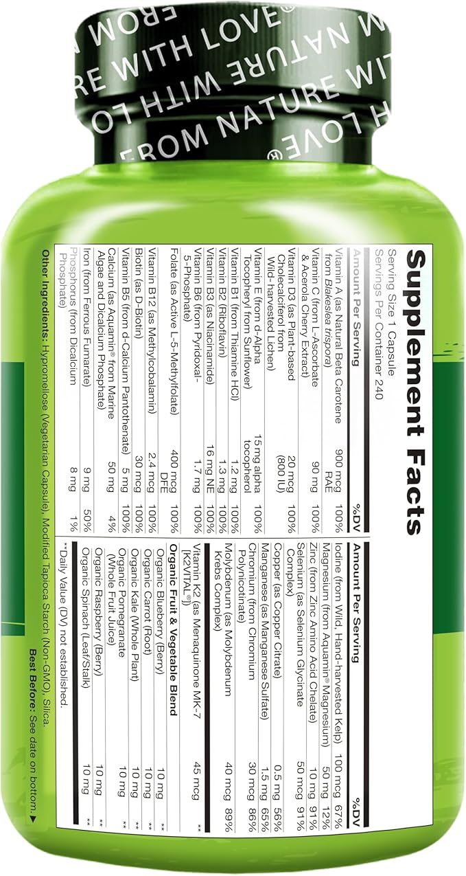 NATURELO One Daily Multivitamin for Women - Energy Support - Whole Food Supplement to Nourish Hair, Skin, Nails - Non-GMO - No Soy - Gluten Free - 240 Capsules | 8 Month Supply