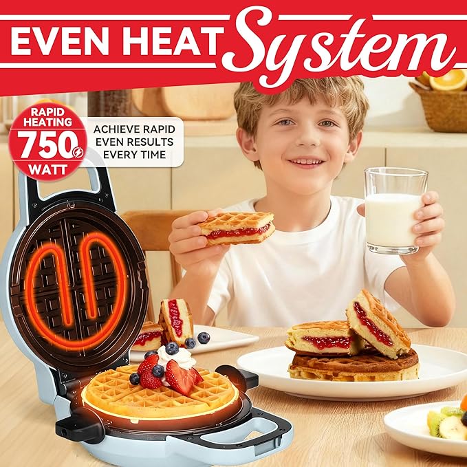 6" Stuffed Waffle Maker Rotating, Flip Waffles Maker Machine with Removable Waffle Ring, Ceramic Coated Belgian Waffle Maker for Kids, Waflera Electrica, Waffle Iron, Pale Blue