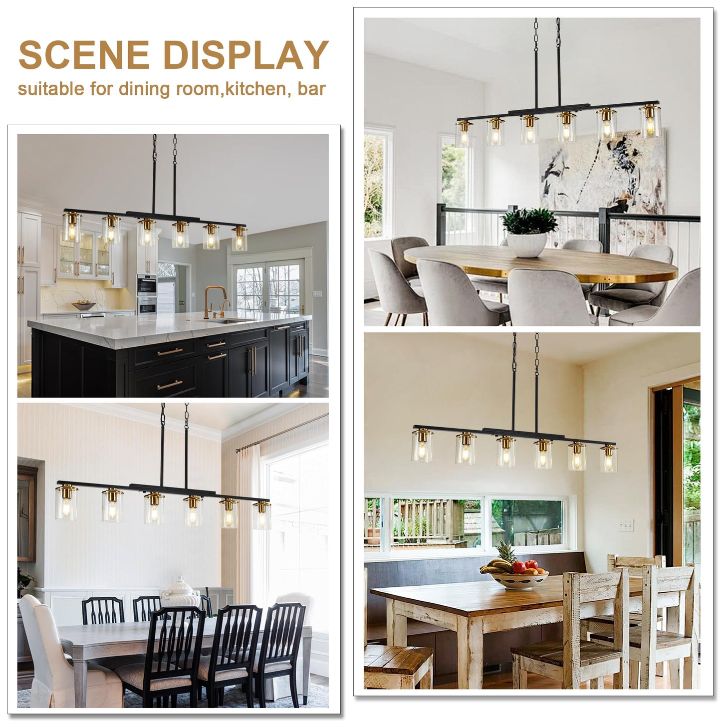 Xvmbvm 6-Light Kitchen Island Lighting Dining Room Lights Modern Farmhouse Chandelier With Clear Glass Shade Modern Rustic Black And Gold Metal Chandelier  Kitchen Pendant Light Fixtures Over Table
