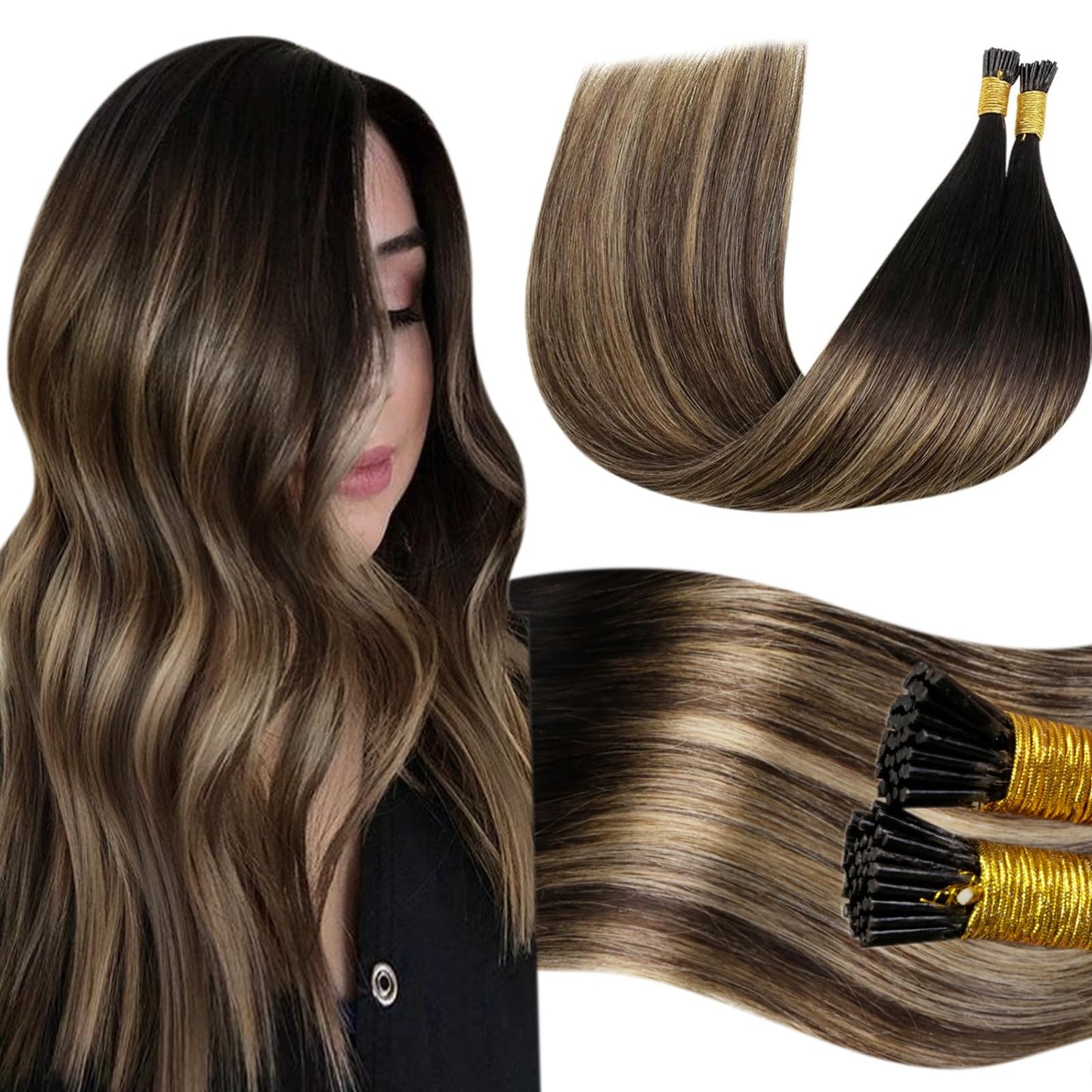 LaaVoo I Tip Hair Extensions Human Hair Balayage Natural Black to Medium Brown Ombre Caramel Brown Itip Human Hair Extensions Si