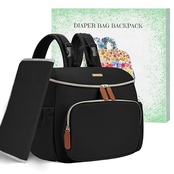 Compact Diaper Bag Backpack – Lightweight & Waterproof Baby Bag for Moms & Dads, Includes Changing Pad & Stroller Straps, Small Travel Diaper Backpack for Daily Use – Black