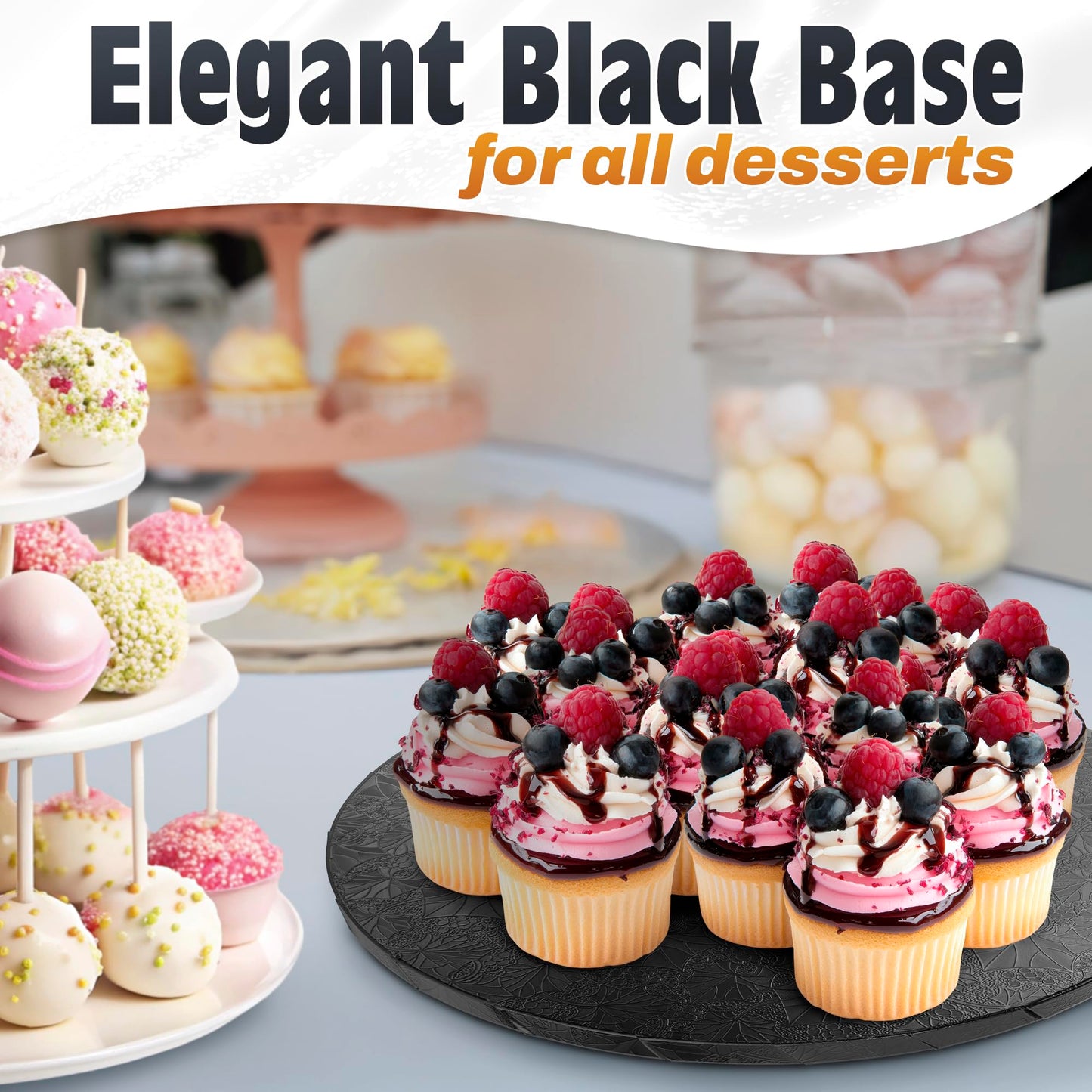 12 Inch Cake Drum - Black Round 12 Inch Cake Boards for Holiday Dessert Presentation, Grease and Moisture Resistant, Thick Durable Material with Fancy Pattern, Great for Valentine day & Birthday Cakes