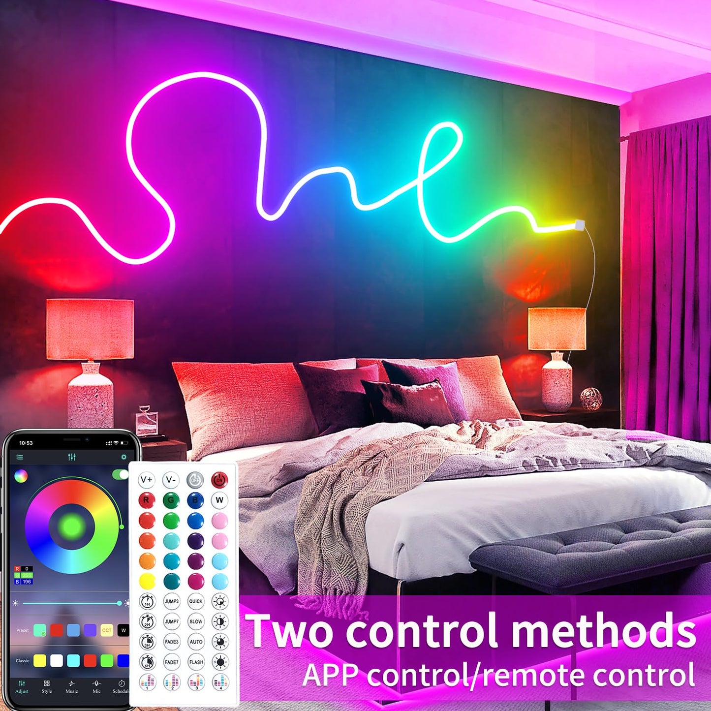 segrass RGB LED Neon Rope Lights 50ft IP65 Waterproof with Remote/App Control