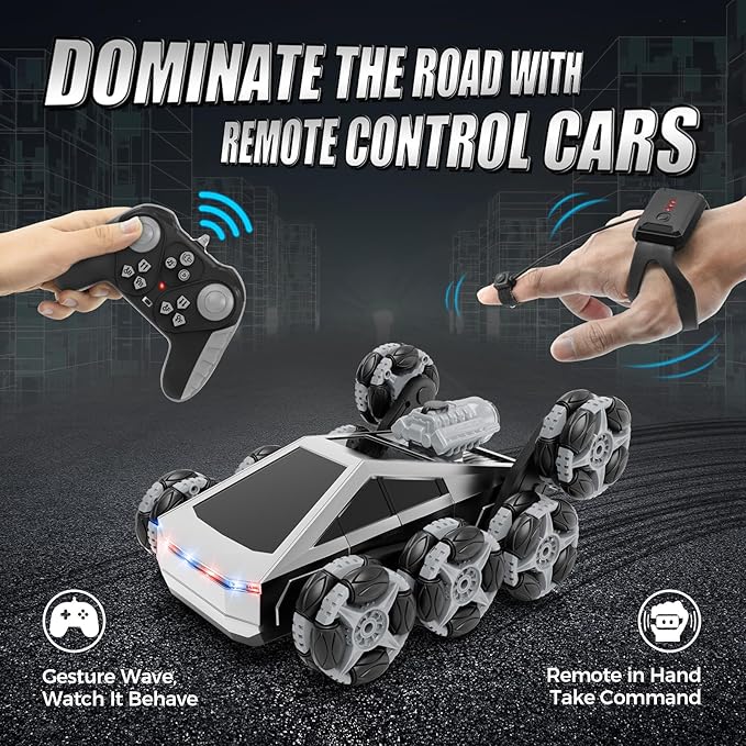 8 Wheel RC Stunt Car with Gesture Control, Spray & LED Lights, Gesture Sensing Remote Control Cars for Boys Age 6 7 8-12 13 14 Year Old, Christmas Birthday Gifts Ideas for Kids