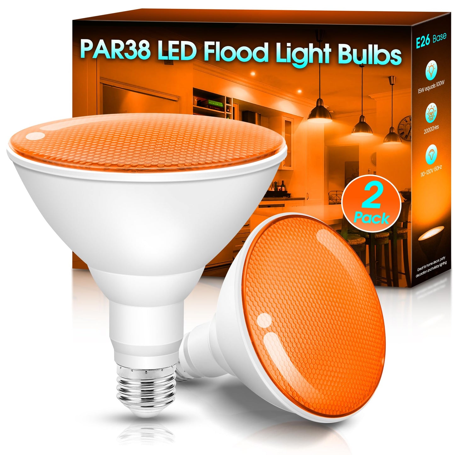 Fulighture Par38 LED Light Bulbs, 15W (100W Equivalent), 2 Count, Orange, Not-Dimmable, Halloween/Christmas Decorations