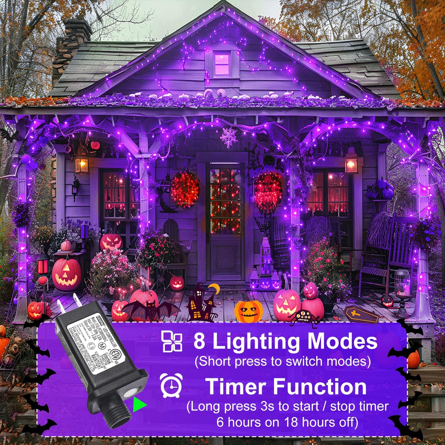 Nielfoi Halloween Lights, 200 LED Purple String Lights, 66FT, Waterproof, 8 Modes, Indoor/Outdoor, Green Wire, Model BG-CL3M3-306L01