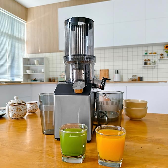 Cold Press Juicer, Juicer Machines with 4.35'' Wide Feed Chute, Stainless Steel Slow Masticating Juicers Easy to Clean, Ergonomic Operational Panel Design, High Juice Yield, Gray Knob
