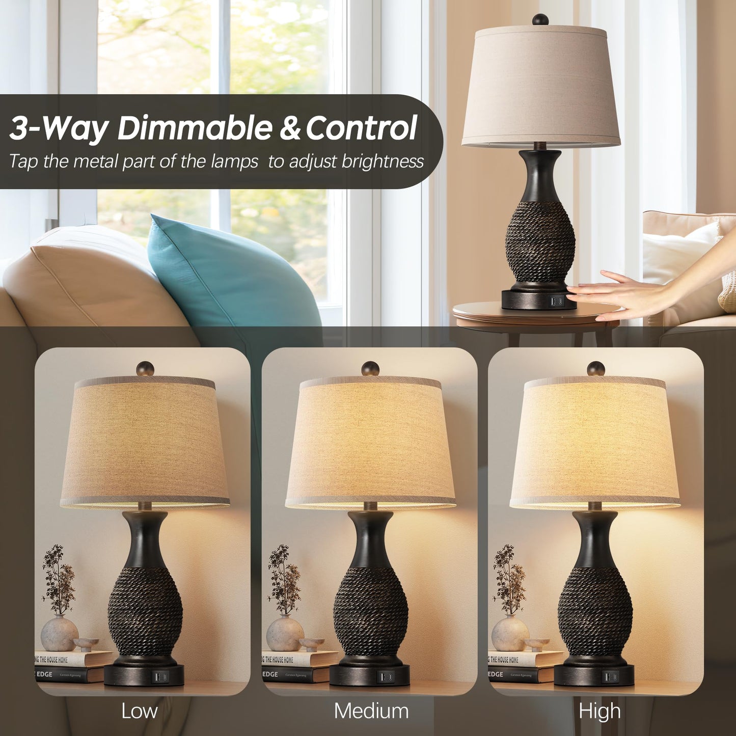 PARTPHONER Table Lamps Set of 2, Touch Control with USB C+A Ports, Linen Shade, 22.6in Black with Gold Accents, Model PALP367BB2