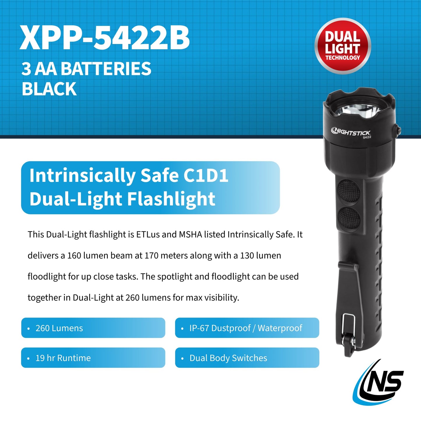 Nightstick XPP-5422B Dual-Light Flashlight, 178mm, Intrinsically Safe, Black