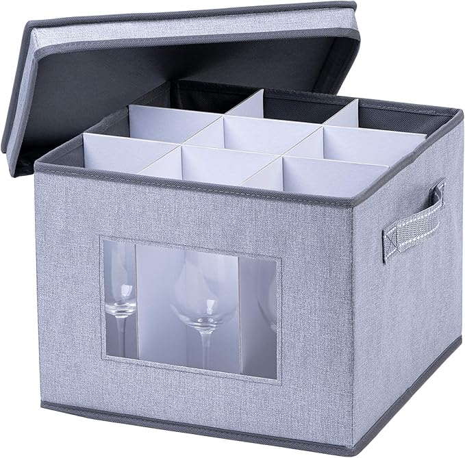VENO Wine Glass Storage Box with Lid and Handles, Glasswares, China Organizer, Great for Moving, Transport. Dividers for 9 Glasses (Wine Glasses - 1 Pack)