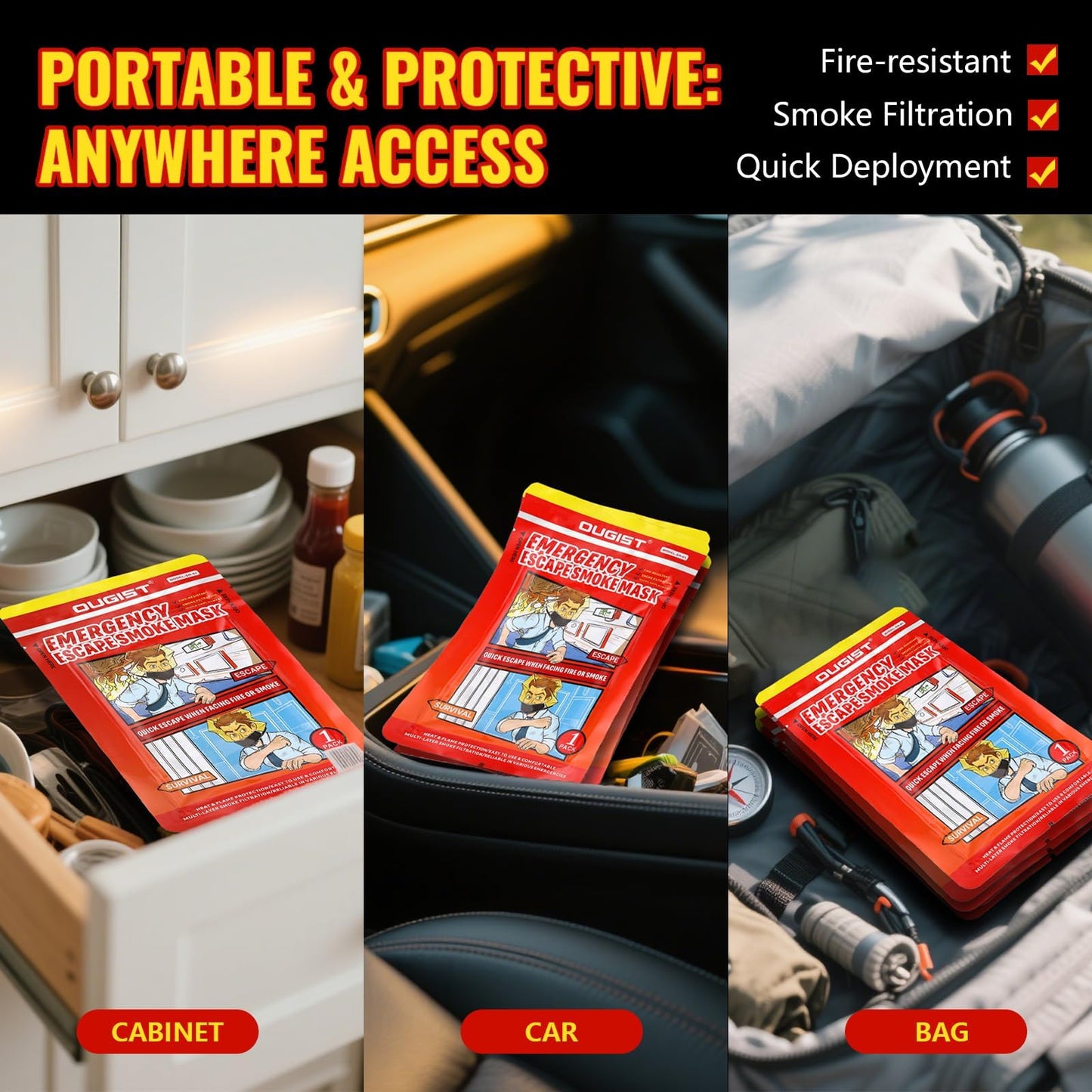 Ougist 3 Pieces Fire Extinguisher Kit for Home Kitchen and Car – Includes 2.5 lb ABC Dry Powder Fire Extinguisher with Quick-Release Handle, Emergency Smoke Hood and Fire Blanket