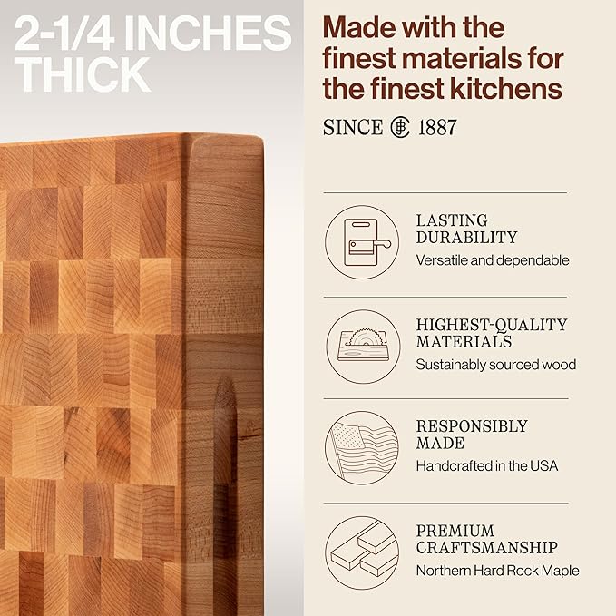 John Boos CCB Series Rectangular Wooden Maple Cutting Board 20”x15” – 2.25” Thick, 21-lb Reversible Butcher Block with End-Grain & Finger Grips – Made in the USA