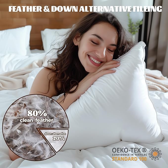 WOLKI Goose Feather Down Alternative Pillows Sandard Size Set of 2, 100% Soft Cotton Shell Bed Pillow, Hotel Sleeping Pillow for Back, Stomach or Side Sleepers 20x26