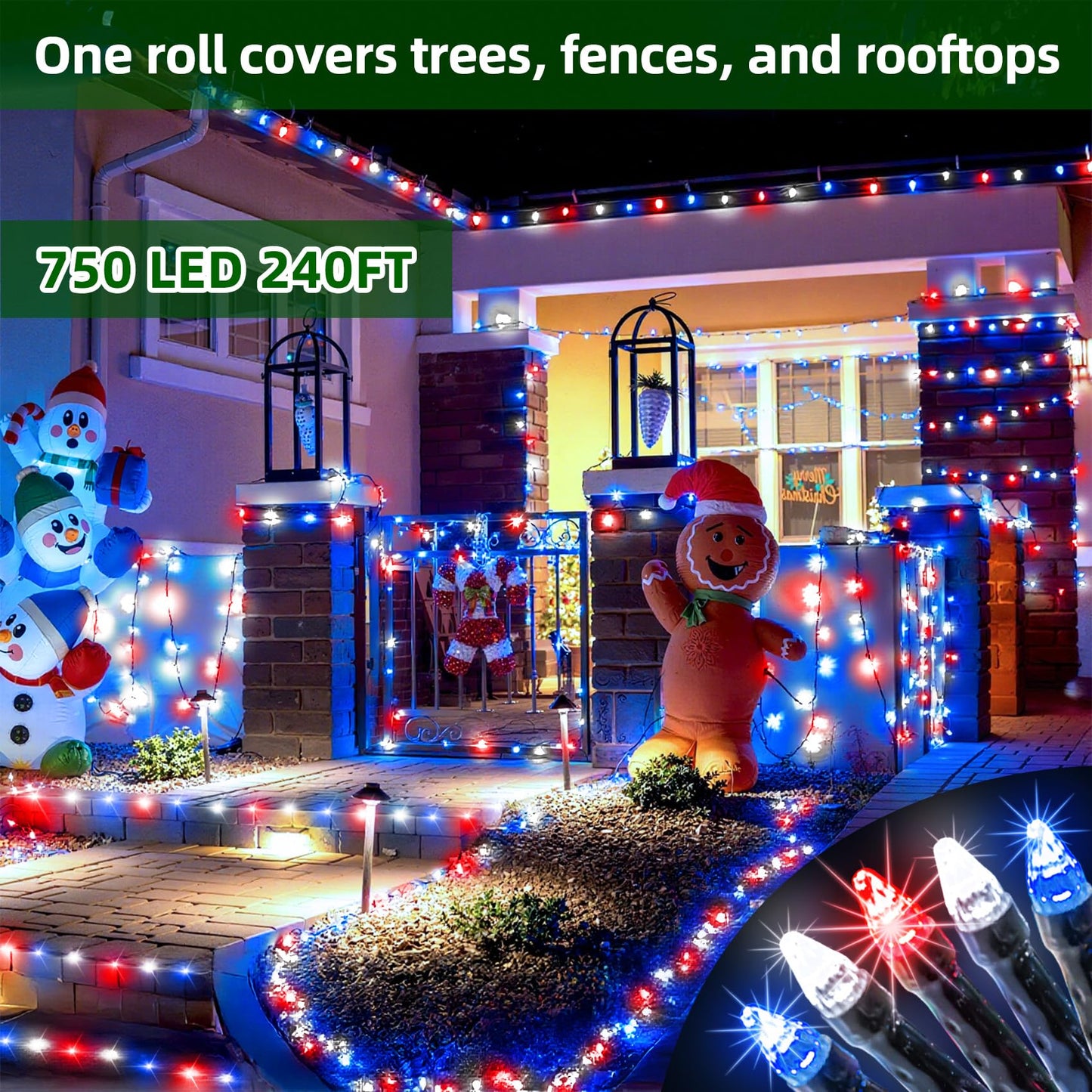 750 Led 240Ft Christmas Lights Outdoor 12 Lighting Modes Christmas String Lights With Timer  Dimmable Plug In Red White And Blue Led Stringlights Waterproof For Yard Tree Wedding Party Holiday