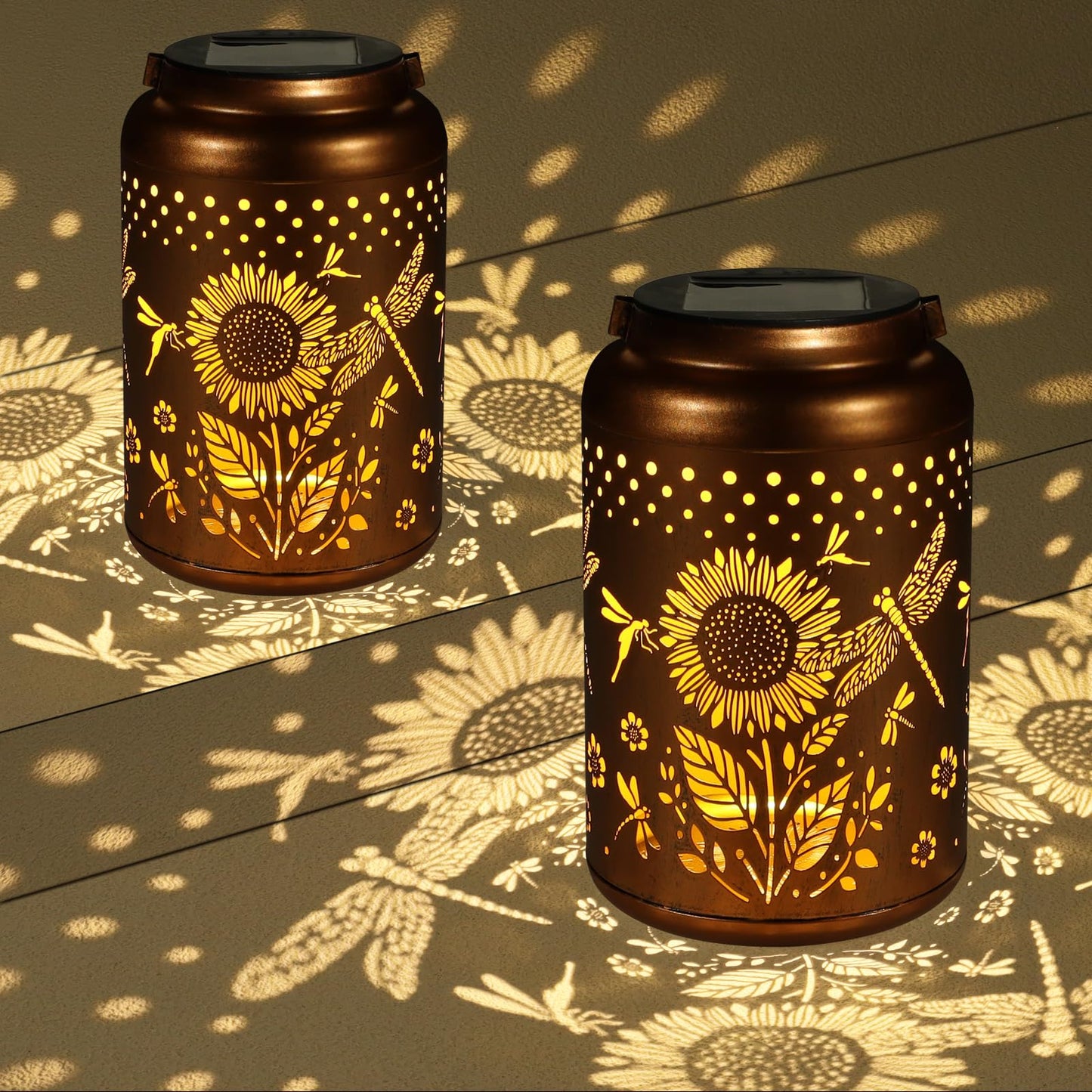 2 Pack Solar Lanterns Outdoor Waterproof  Dragonflies Garden Decor Gifts For Women Mom Grandma Hanging Solar Lights Metal Decoration Outside For Yard  Pati(Sunflowers)