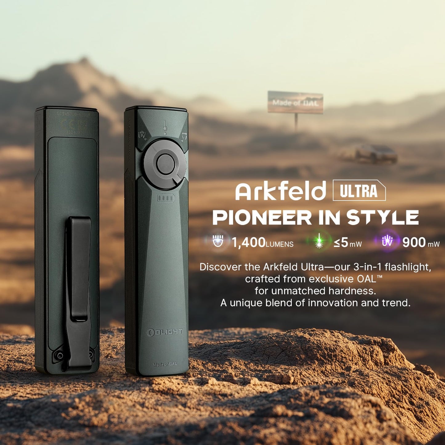 OLIGHT Arkfeld EDC Flashlight, 1400 Lumens, Rechargeable, Aluminum, Olive Gray, Model AKUT-QH-300000