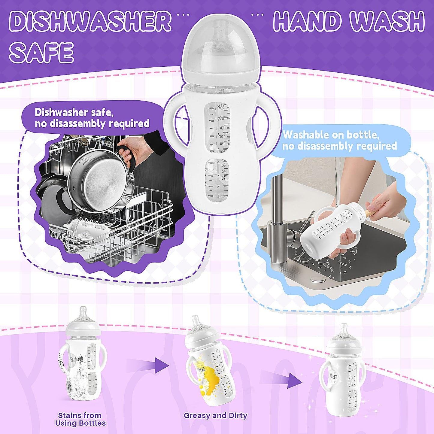 Desing Wish 4 Pack 8oz Silicone Sleeves with Handles for Avent Glass Natural Baby Bottles, Anti Breakage Protective Sleeves Compatible with Philips Avent Glass Baby Bottle 8 oz - Standard