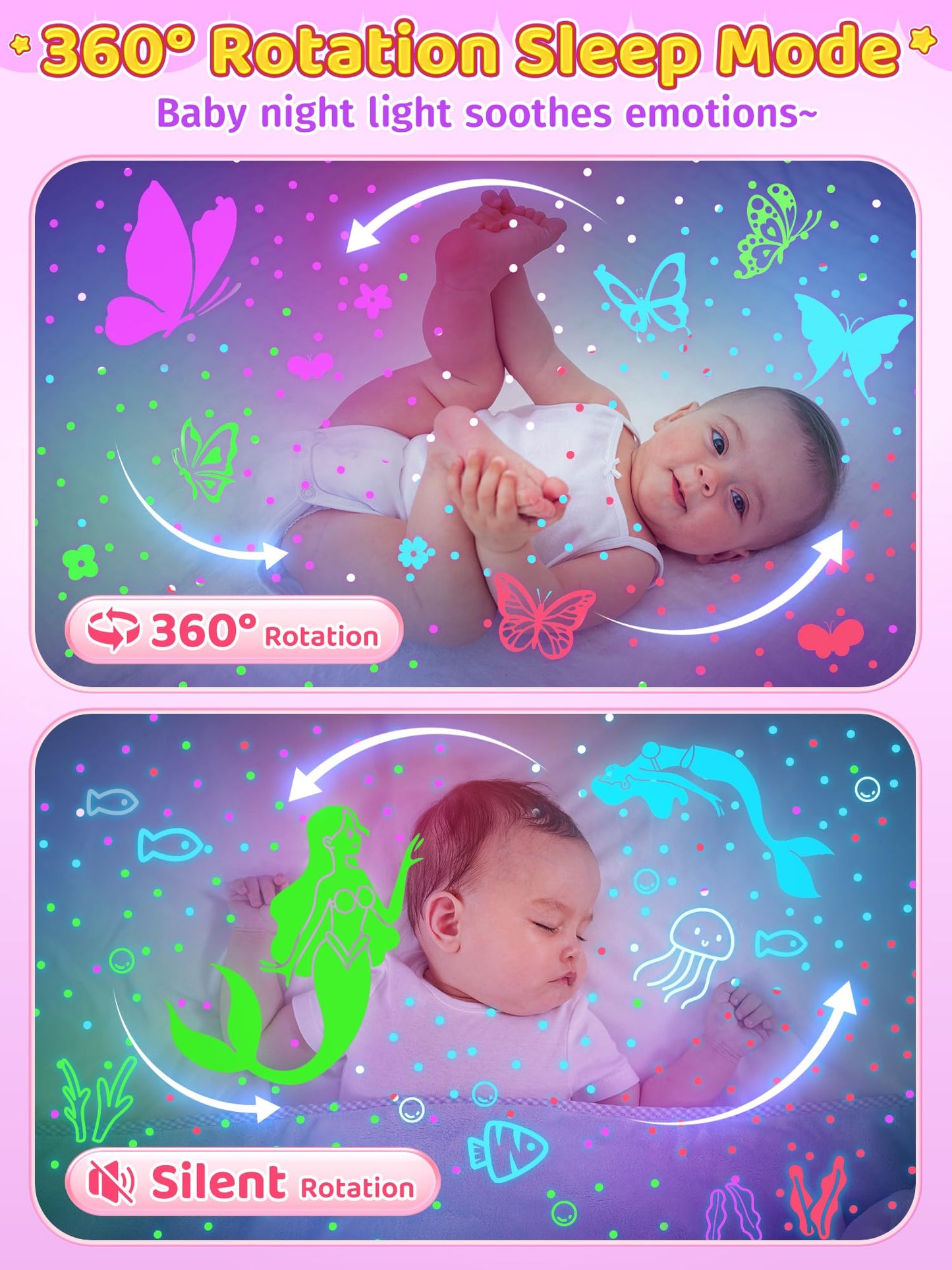 Pikoy Night Light For Kids  90 Modes+6 Films+Dimmer+Timer+Remote Kids Night Light Projector  Rechargeable Built-In Battery+360 Silent Rotation Butterfly/Princess/Mermaid Room Decor Girl Toys/Gifts