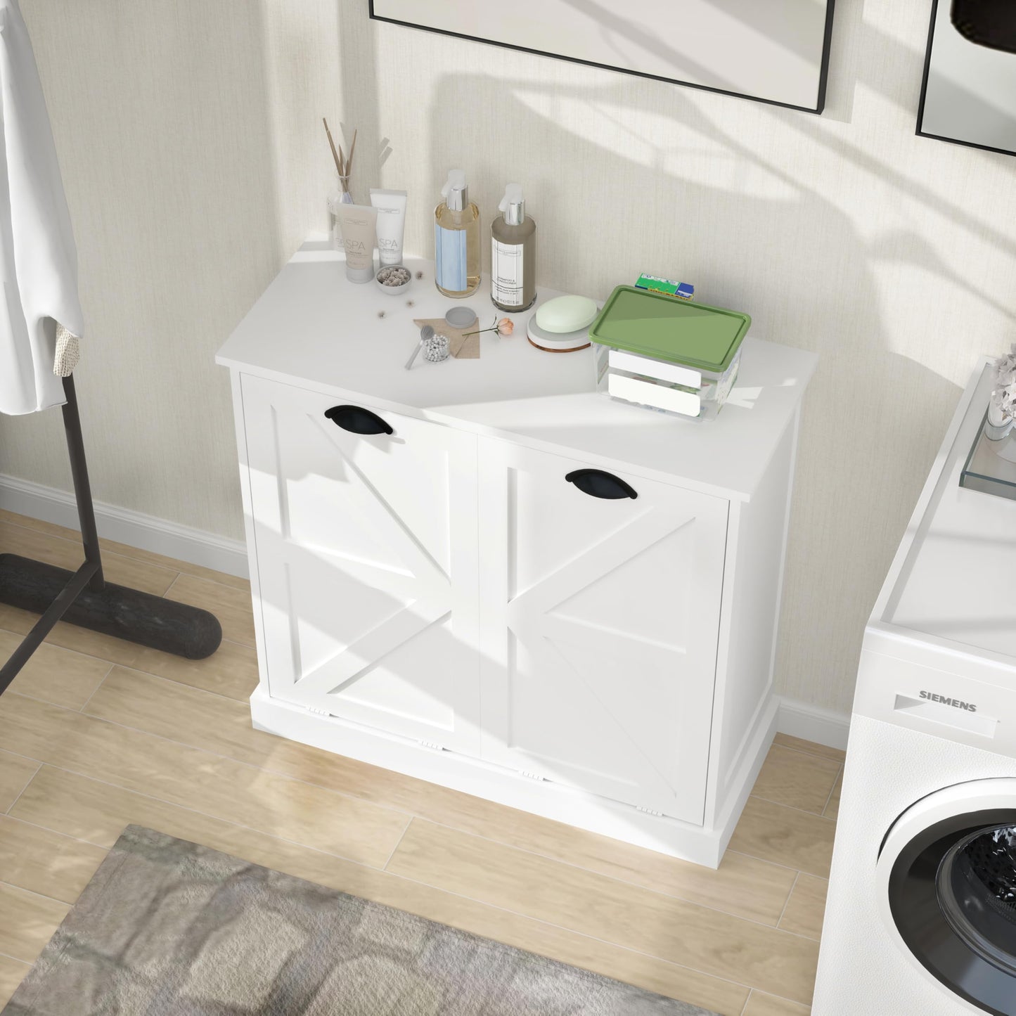 Two Compartment Tilt Out Laundry Sorter Cabinet White