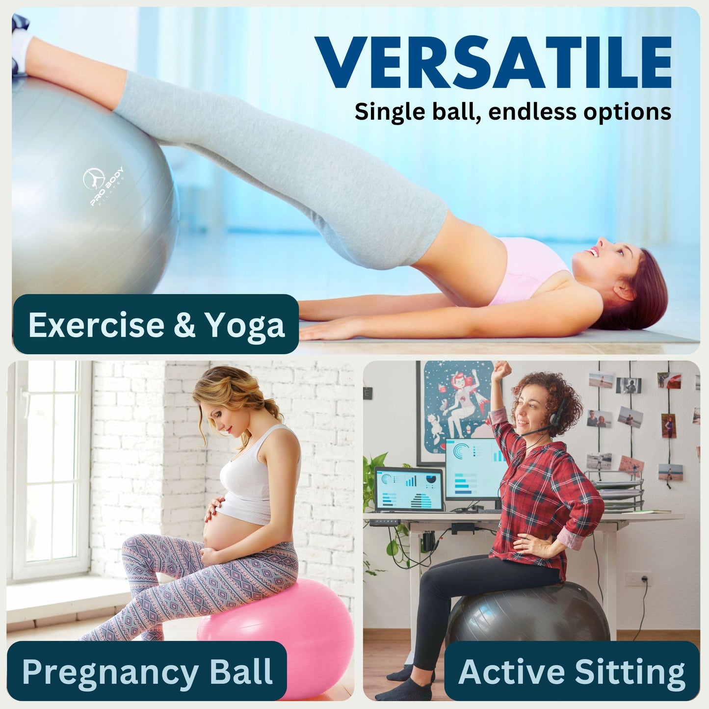 ProBody Pilates Exercise Ball - Multiple Sizes Gym Grade Balance Ball for Fitness, Workout, Pregnancy & Physical Therapy, Stability Yoga Ball Chair (Blue, 45 cm)