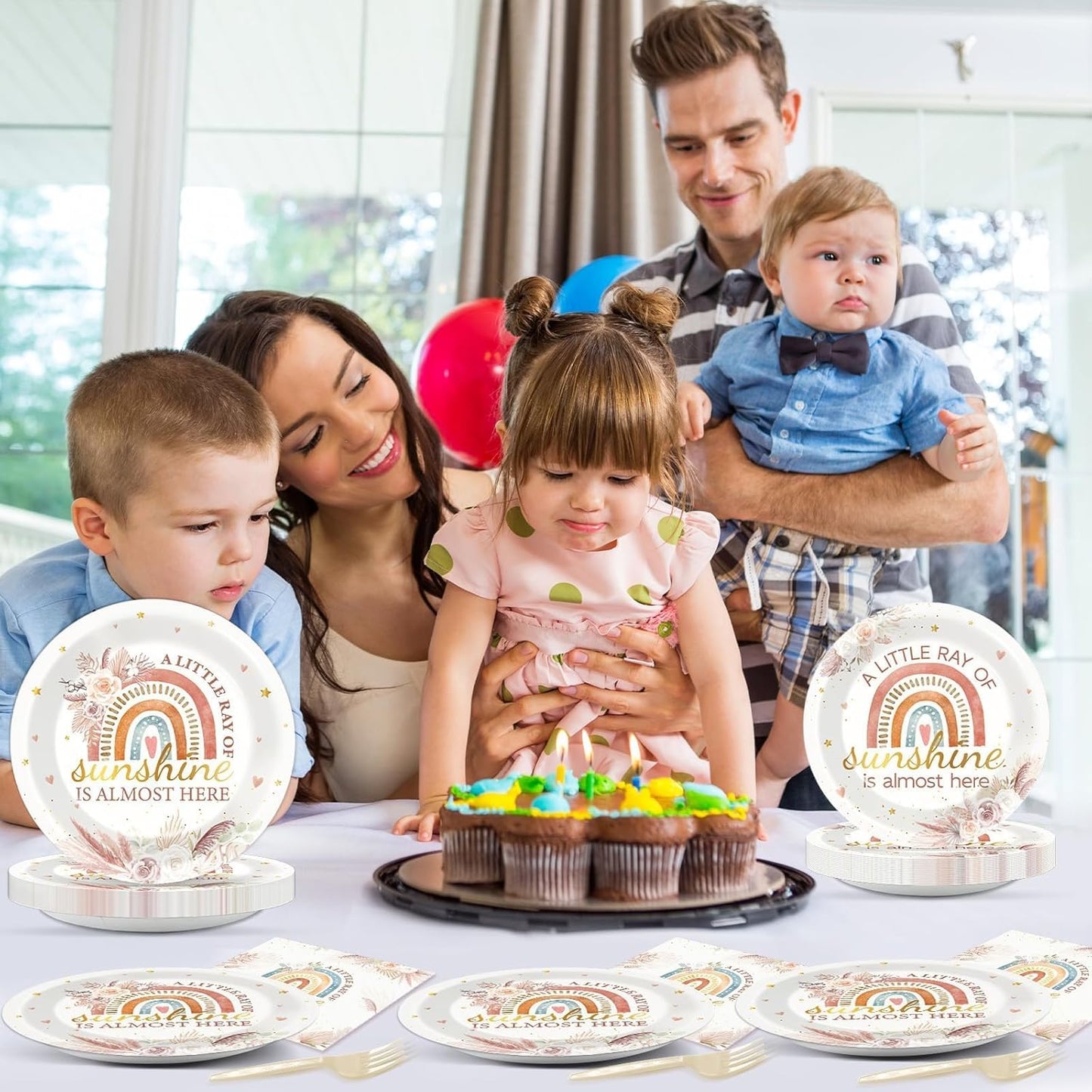 96 Pcs Boho Rainbow Party Decorations Floral Boho Tableware Set Boho Rainbow Birthday Plates Napkins Forks for Girl Boy Baby Shower Ray of Sunshine Birthday Dinnerware Party Supplies 24 Guests