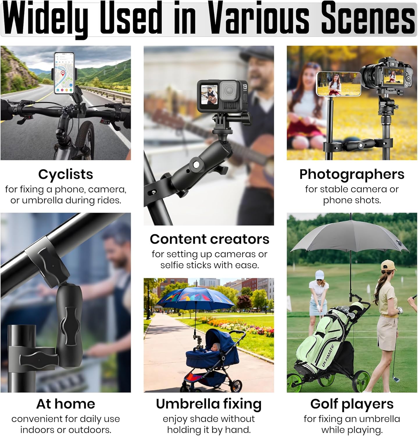 Premium 3-in-1 Umbrella Clamp for Chairs, Strollers, Boats & Kayaks Adjustable Mounting Bracket for Umbrella, Camera & Phone Durable Anti Slip Trolling Motor Stabilizer for Outdoor Hands Free Use