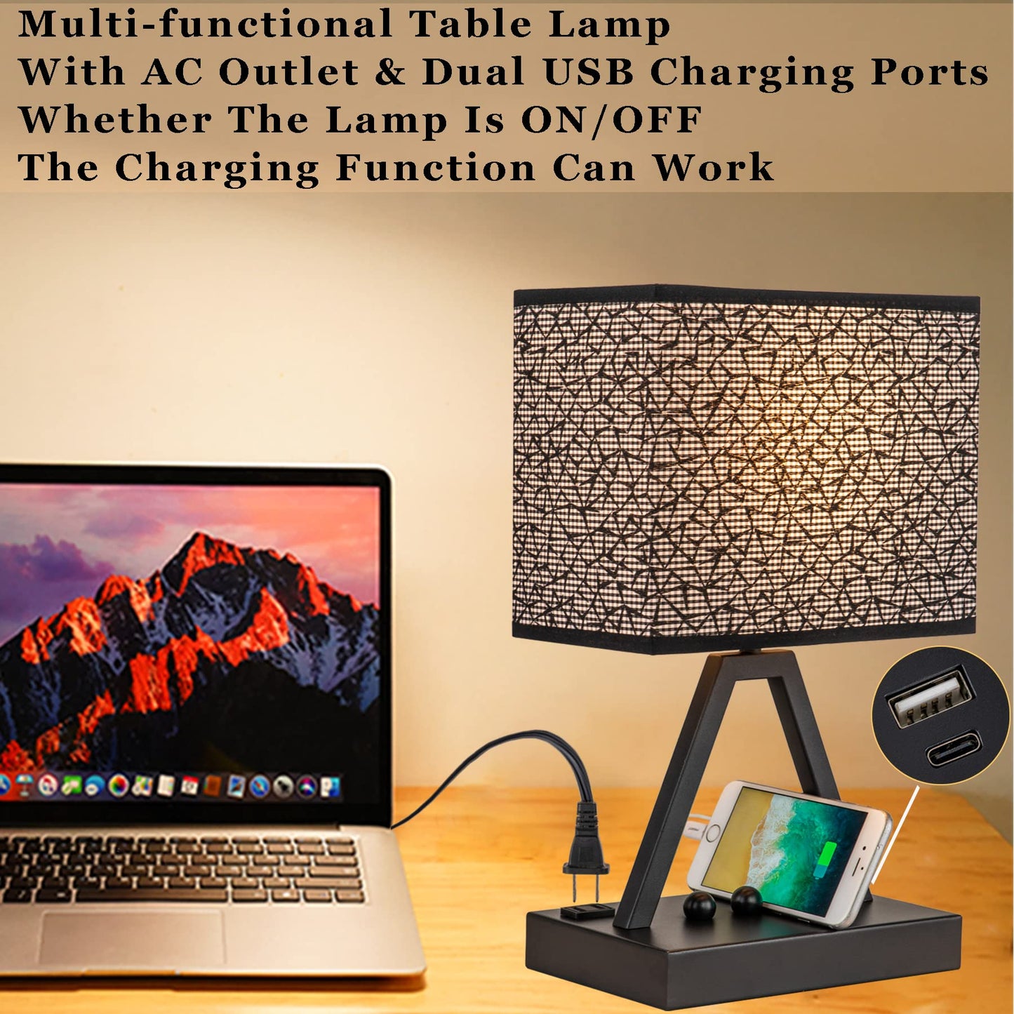 Briever USB C Touch Control Table Lamp, 3-Way Dimmable, Black Shade, Metal, LED Bulb Included