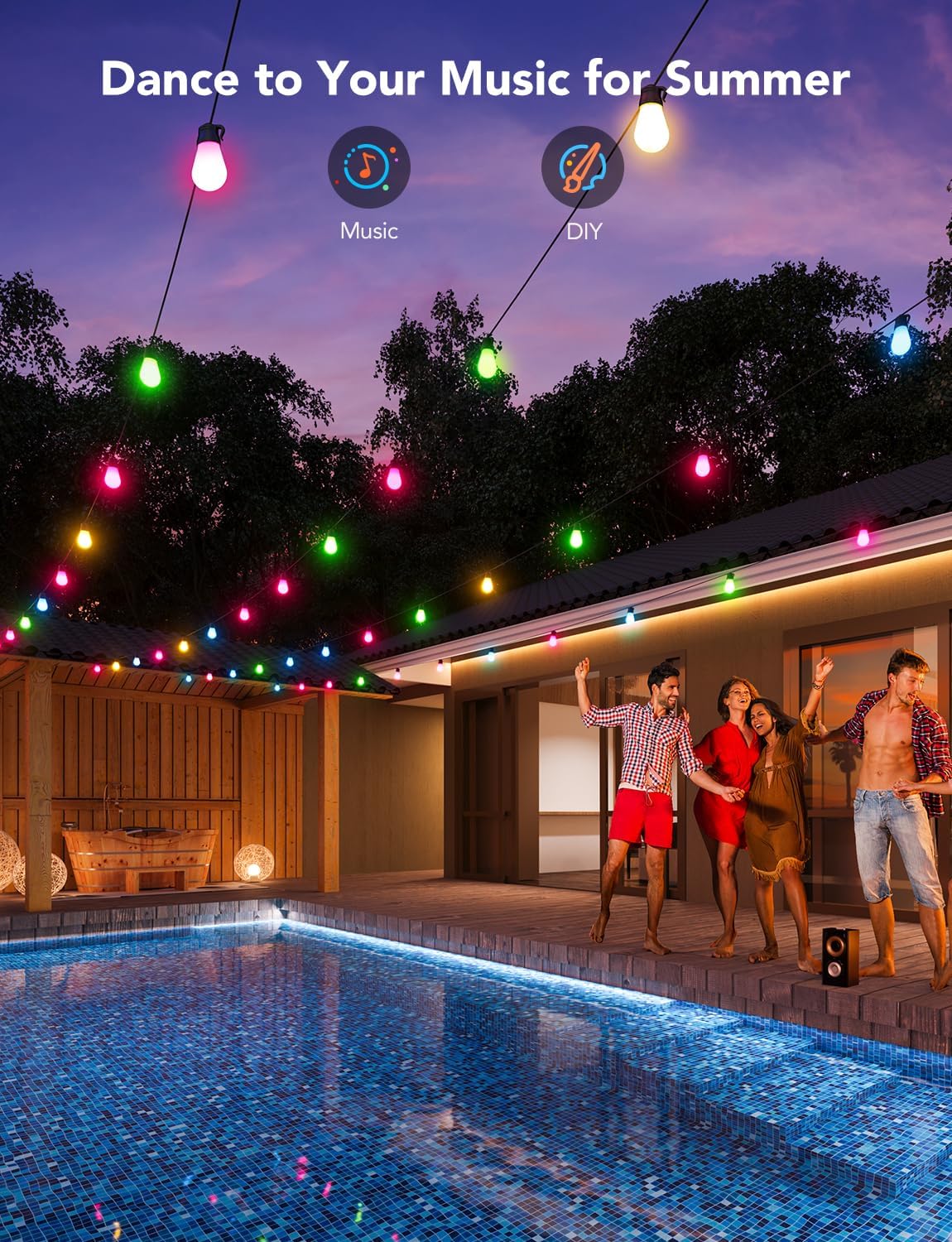 Govee Smart Outdoor String Lights H7015, 48ft, RGBIC, 15 Dimmable LED Bulbs, IP65 Waterproof, Black/Clear