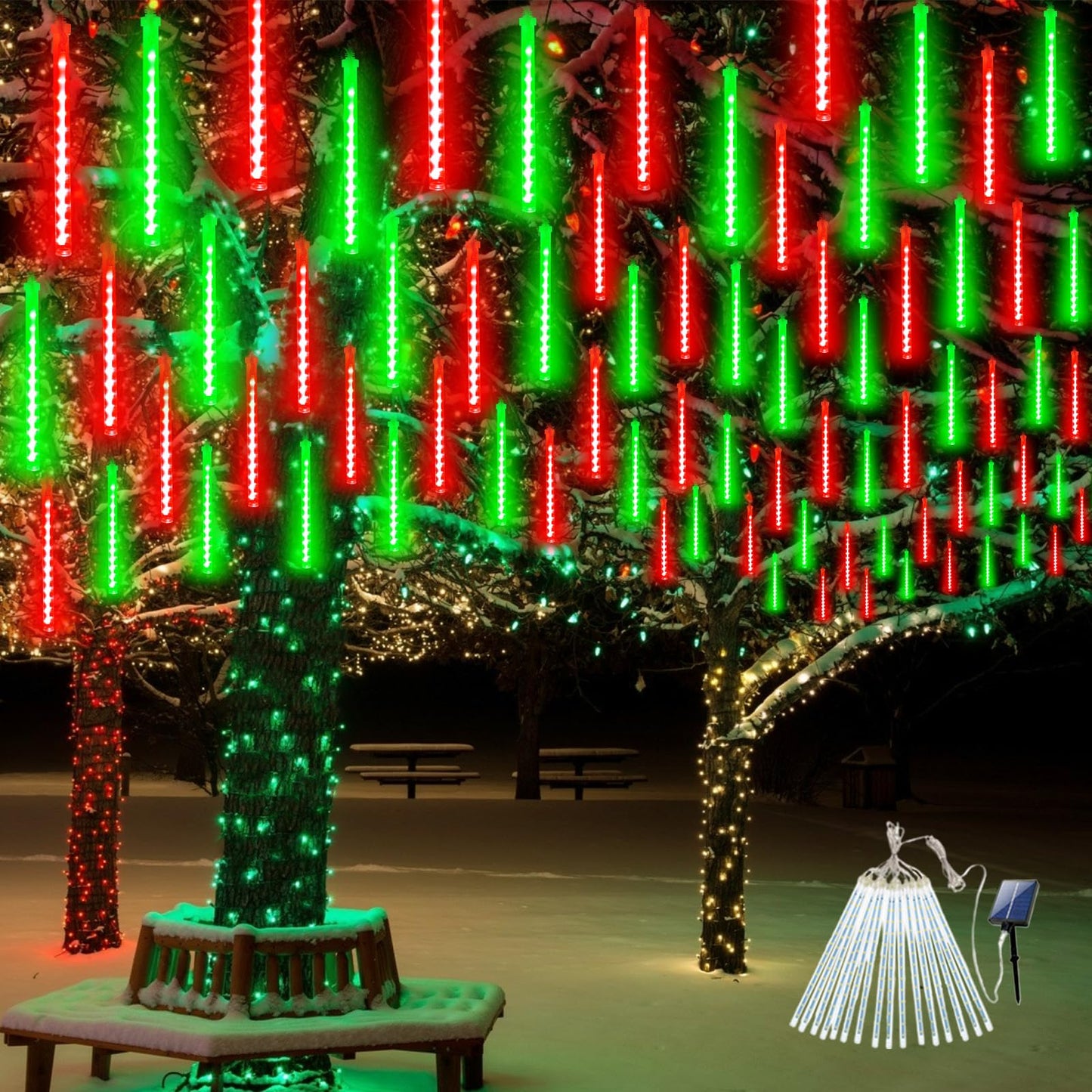 Solar Meteor Shower Lights Outdoor Decorations  Waterproof Christmas Lights Solar Powered  16 Tubes 384Led Rain Drop Light  Snow Cascading String Light For Xmas Tree Party Garden Decor(Red And Green)