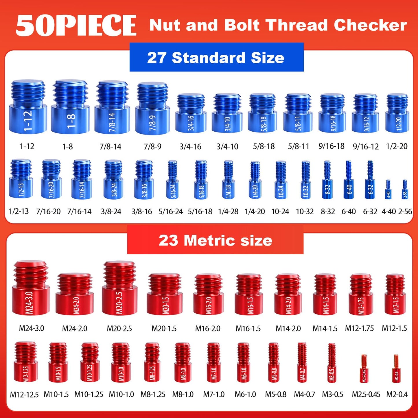 SBGGRL 50 Pcs Standard and Metric Nut Bolt Thread Checker Kit,Inch Size Gauges Finder Tool,Detachable Screw Identifier Thread Especially for Tread Fasteners Measuring
