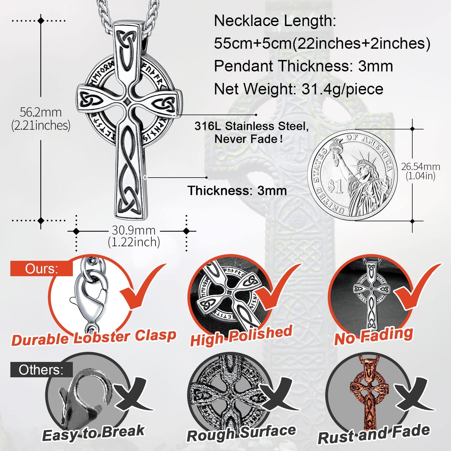 FaithHeart Celtic Knot Pendant Necklace Stainless Steel North Viking Cross Jewelry with Vintage Rune Design