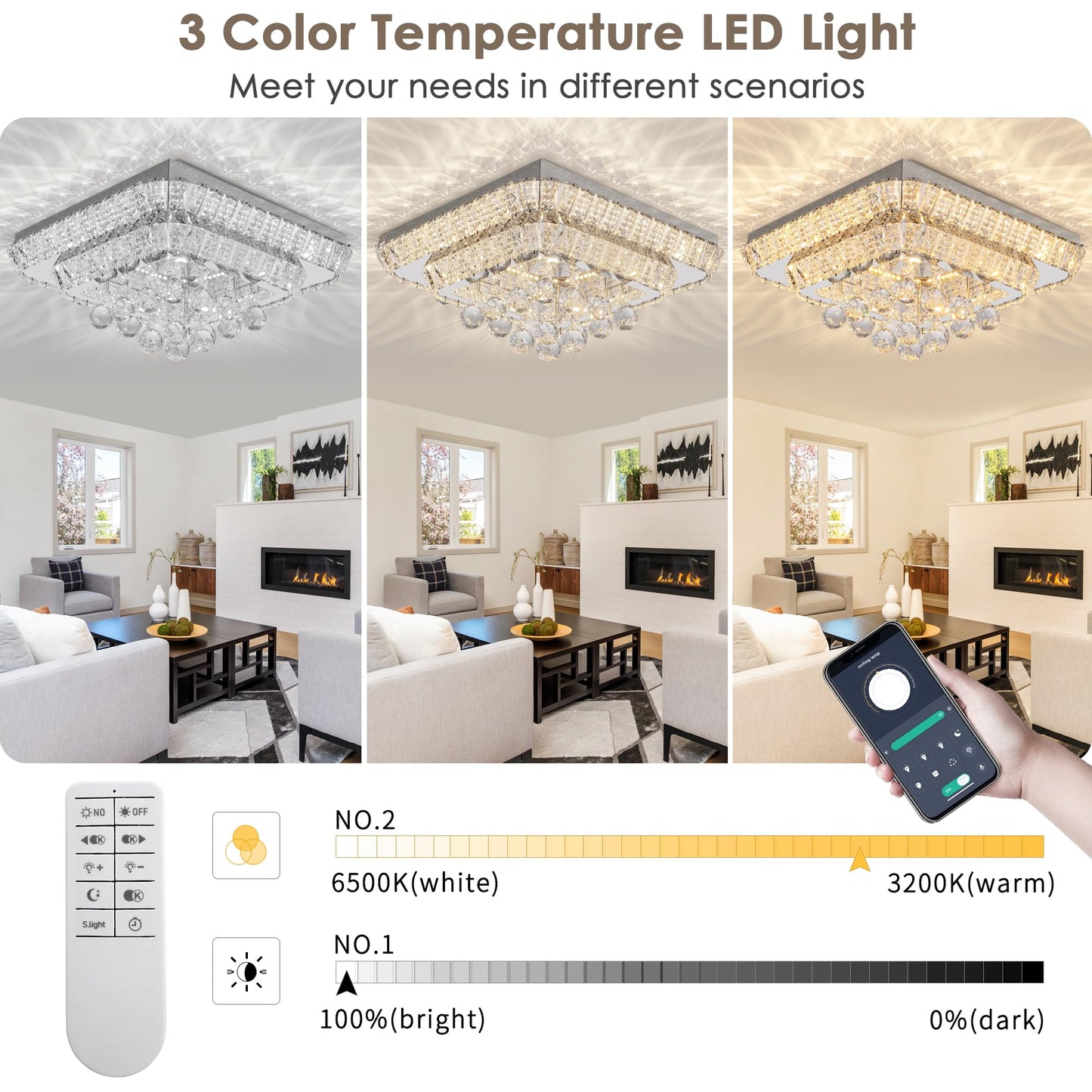 REDSTAR 18in Crystal Ceiling Light Flush Mount, Remote Control, 3 Color Temp, K9 Crystal, Stainless Steel, Silver, Model A228-18in-1