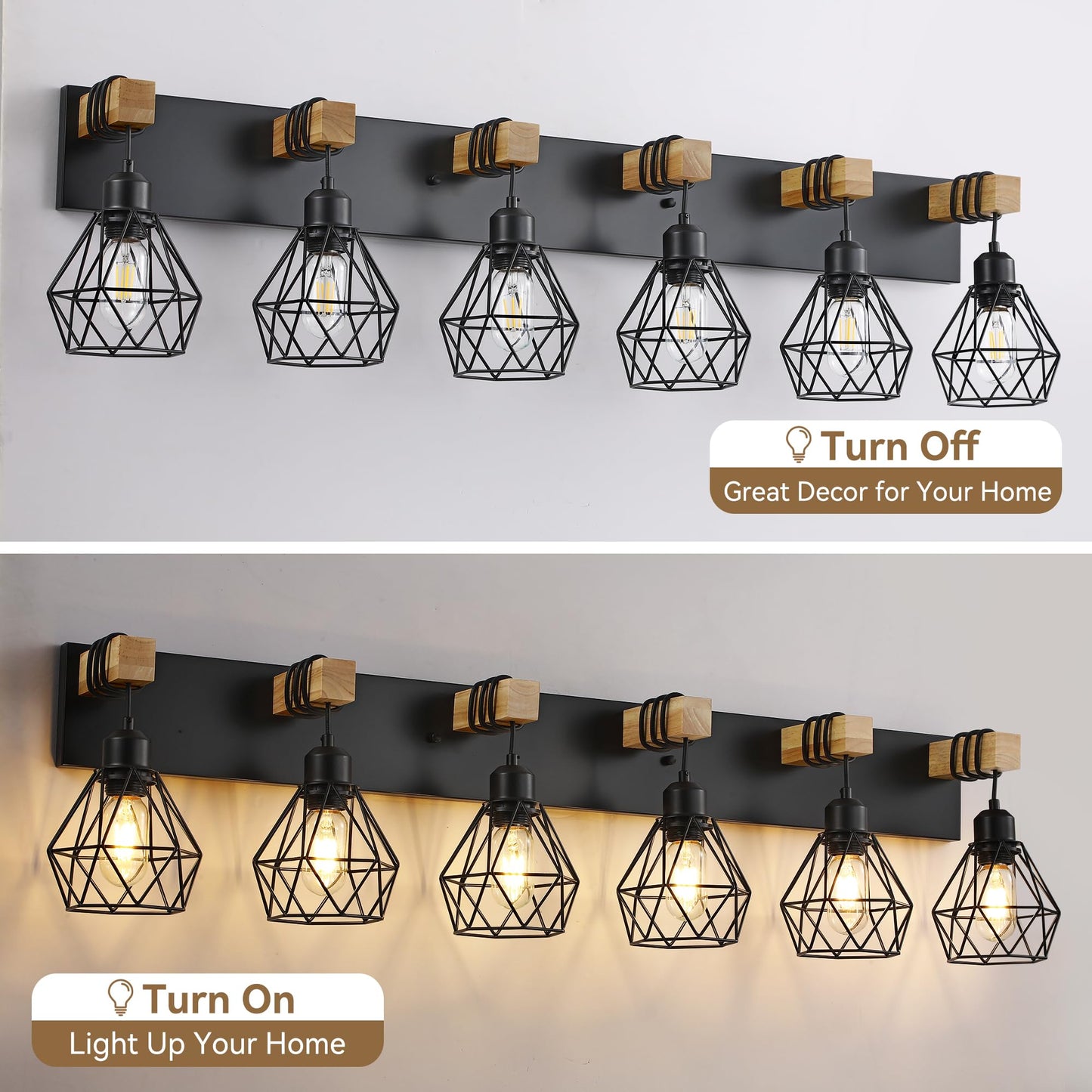 Farmhouse Bathroom Vanity Light Fixtures  6-Light Wood Bathroom Light Fixtures Over Mirror  Rustic Sconces Wall Lighting With Elegant Metal Lampshade For Living Room  Bedroom  Hallway