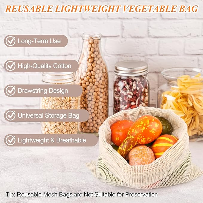 8 Pack 2XL Reusable Produce Bags, Mesh Produce Bags, Reusable Vegetable Produce Bags Cotton Washable for Grocery Fruits and Vegetable Shopping, Transporting Storing