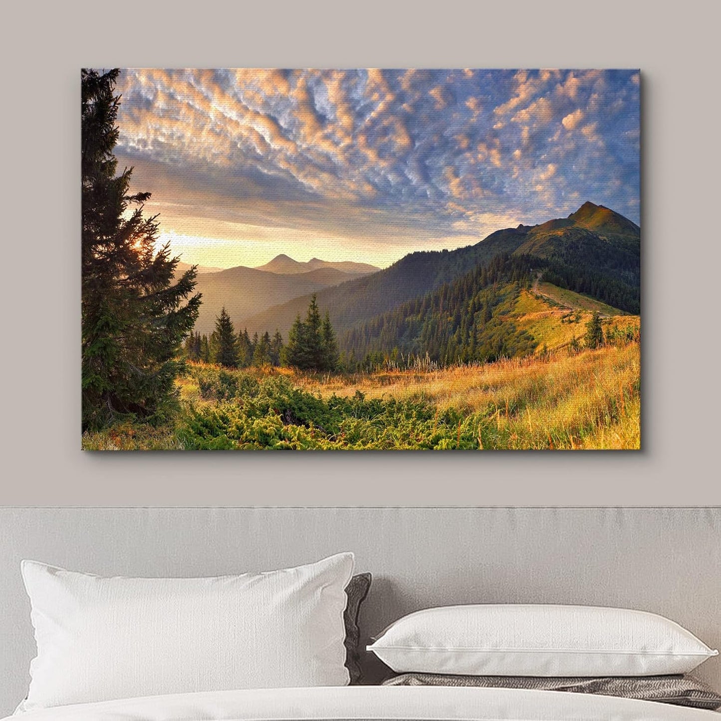 wall26 Canvas Print Wall Art Sunset Over The Golden Mountain Forest Landscape Nature Wilderness Photography Realism Rustic Scenic Colorful Green Ultra for Living Room, Bedroom, Office - 12"x18"