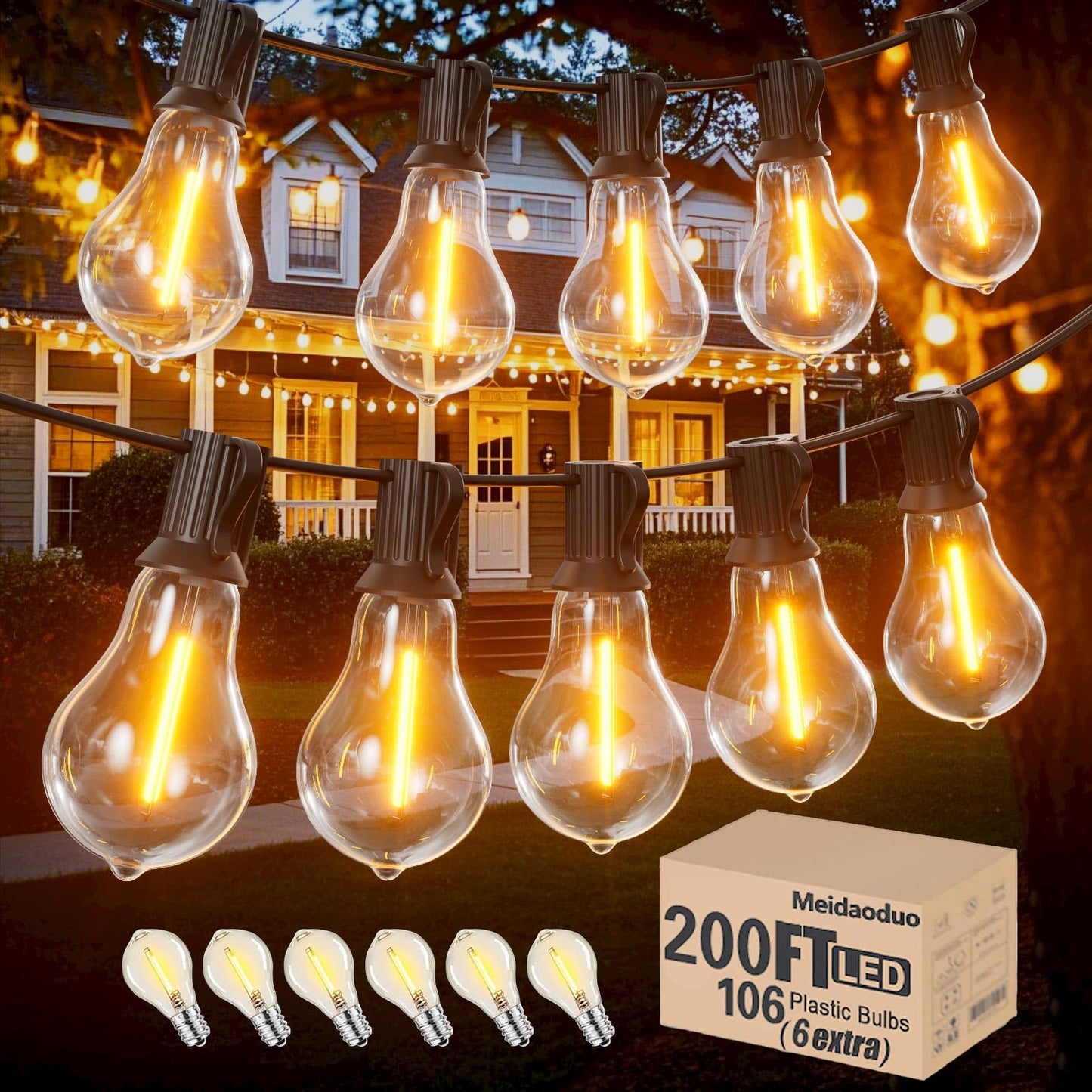 Meidaoduo 200 FT Outdoor String Lights, Waterproof A39 Shatterproof Warm Lights for Patio, 2200K, Model US200100-TX20B0-A39R122