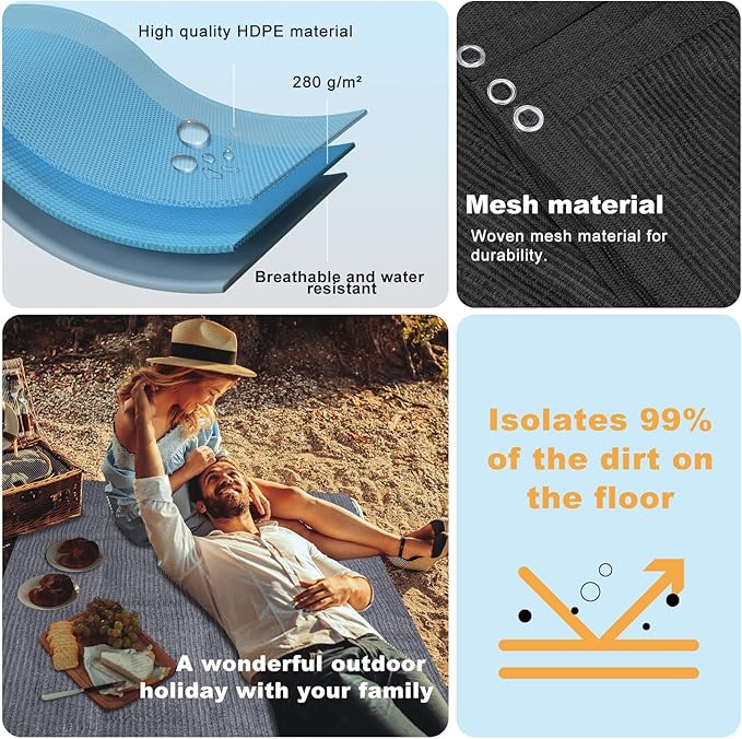 FoundGo Awning Carpet HDPE Camping Outdoor Rug with Eyelets,Nails,Broom,for RV,Patio,Backyard,Picnic,Beach,Trailer 8'*16' (2.44 * 4.88m) -Black