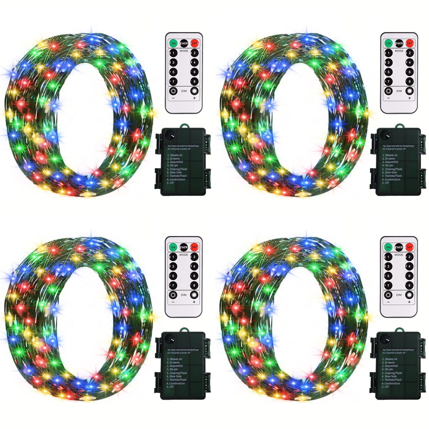 ZAIYW Fairy Lights 4 Pack, 16.5Ft 50LED Multicolor Battery Operated with Remote Control, Timer, 8 Modes, Green Wire