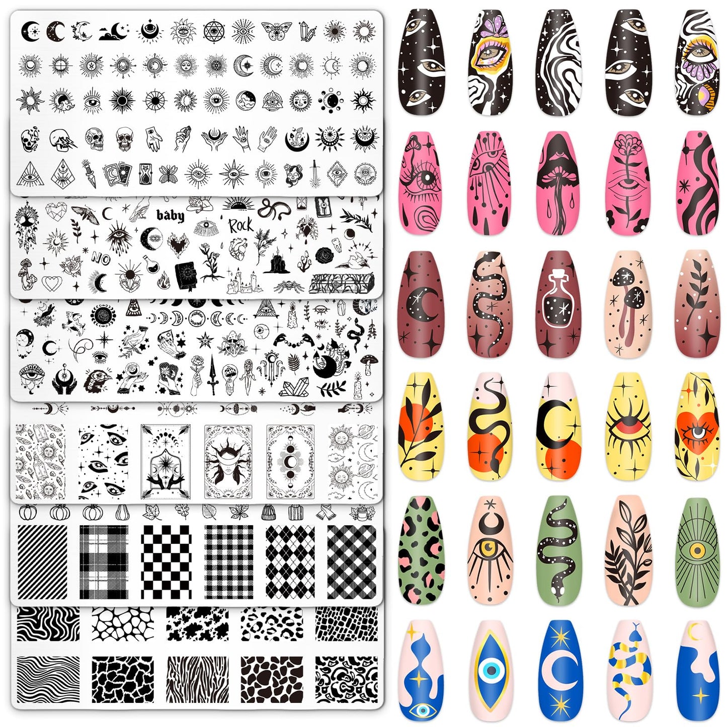 Whaline 6Pcs Gothic Halloween Nail Plates Stamping Set Skull Evil Eye Moon Stamp Templates Halloween Nail Art Plates for DIY Pri