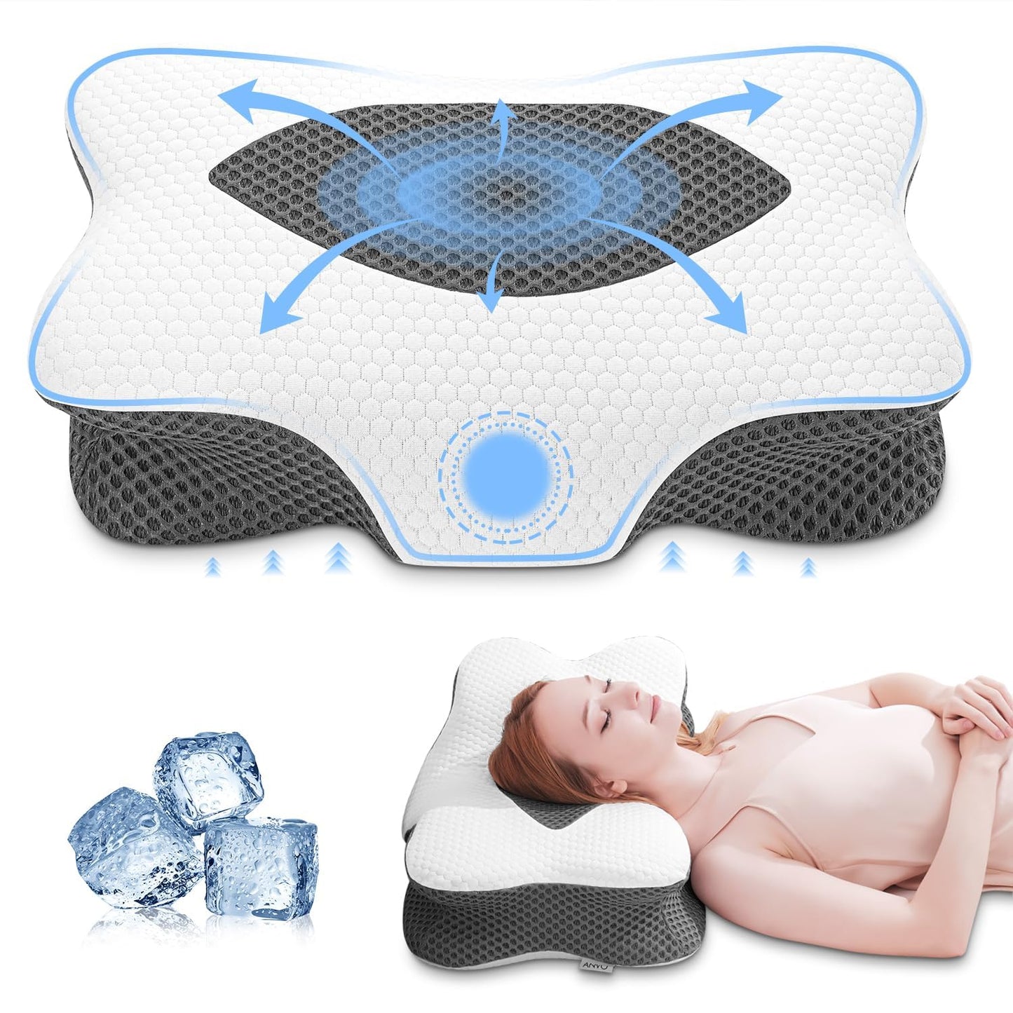 Anvo Cervical Pillow for Neck Pain Relief - Neck Pillows for Pain Relief Sleeping - Pillow for Neck and Shoulder Pain - Ergonomic Design for Side Back Stomach Sleeper-White Standard Firm