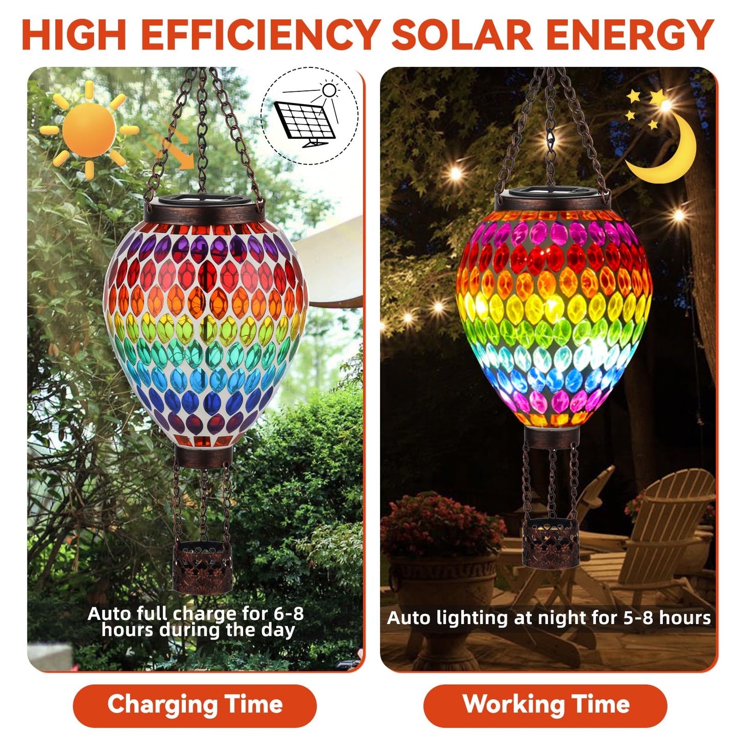 Voreen Hot Air Balloon Solar Lantern  Handmade Mosaic Solar Outdoor Hanging Wind Light  Waterproof  Patio Festive Decor  Gift For Mom Wife Friend  Rainbow Pattern