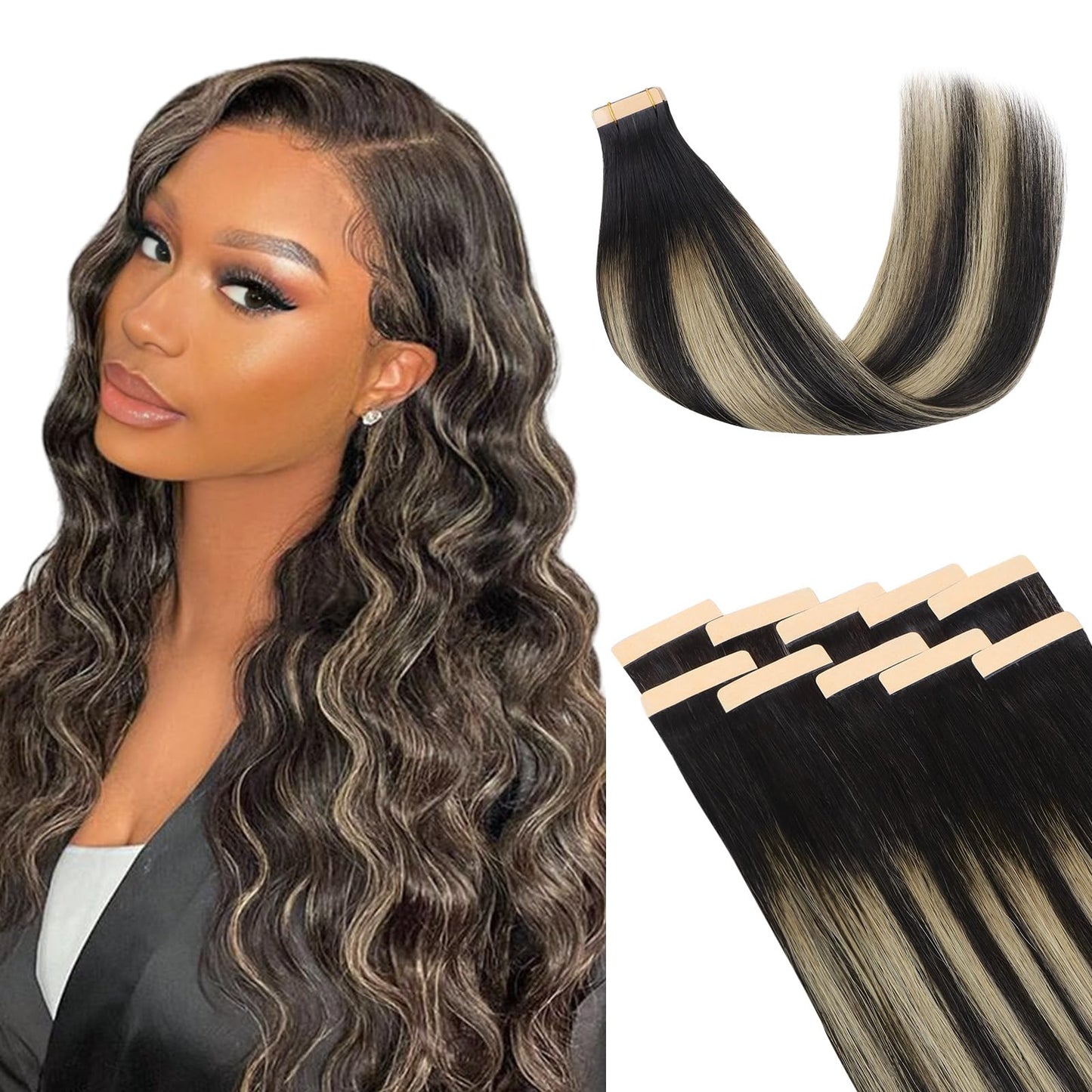 Lashey Tape in Hair Extensions 25g 10pcs 18 Inch Straight Balayage Natural Black to Light Blonde Highlighted Hair Extensions Tap