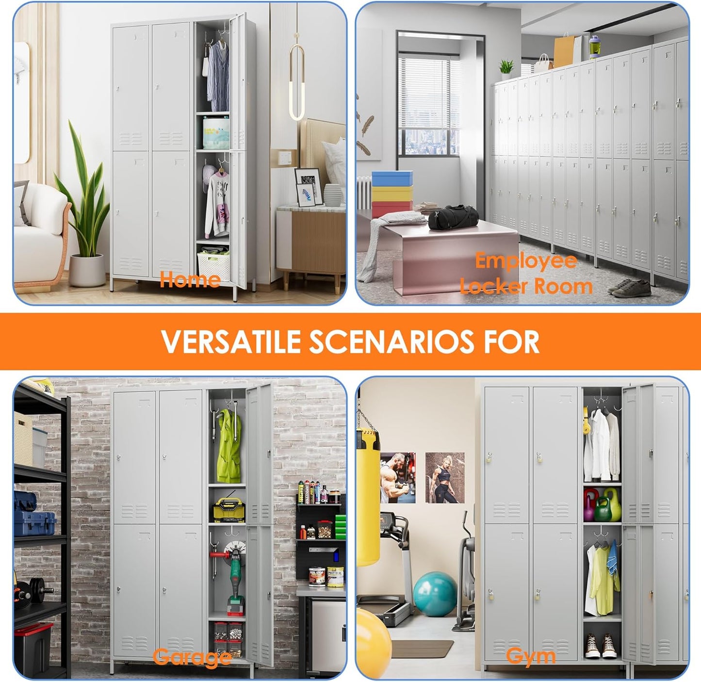 6 Doors Metal Lockers for Employees with 6 Shelves and 18 Hooks, Storage Locker with Business Card Holder for Office Gym School Bedroom, Assembly Required, Light Gray