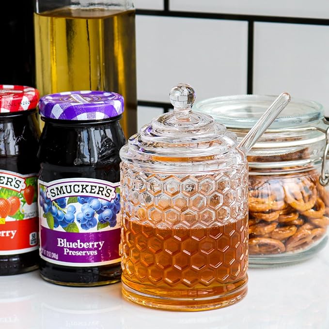 Glass Honey Jar with Lid and Dipper, Honeycomb-Inspired Design Container, Heavy Honey Pot for Home Kitchen (10 oz)