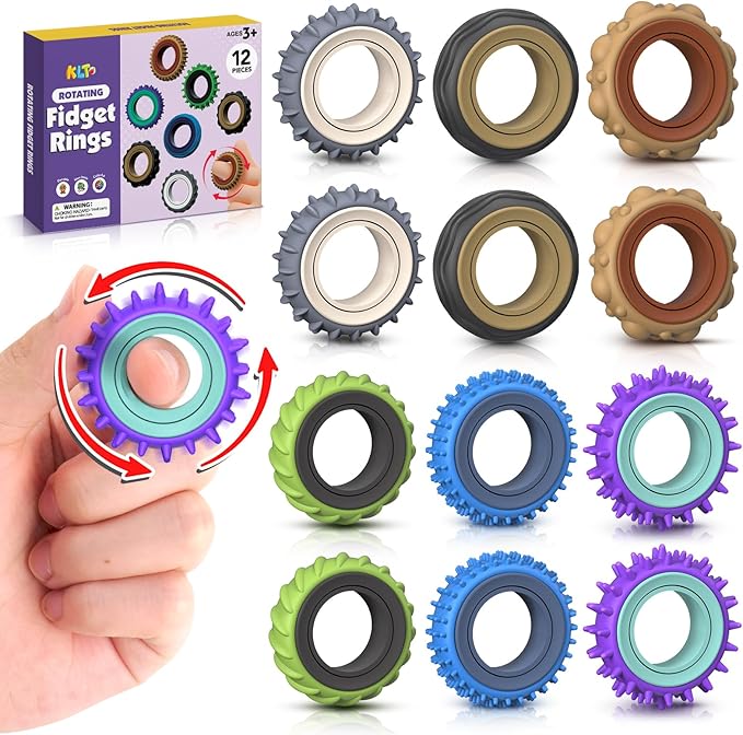 Fidget Toys Adults Sensory Rings: 12 Pack Texture Spinner Rings - Stress Relief Sensory Toys for Kids ADHD - Quiet Desk Fi...